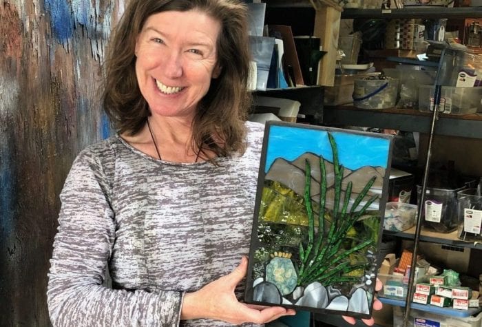 Annette with her glass mosaic masterpiece