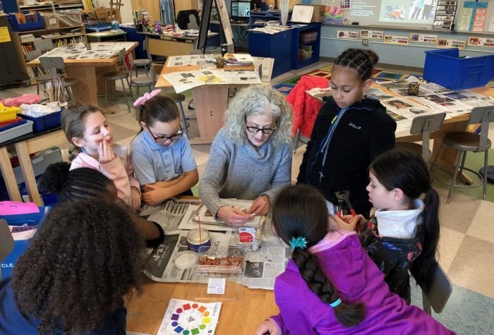 Mary demos for students at Nathan Hales Arts Magnet School in New London.