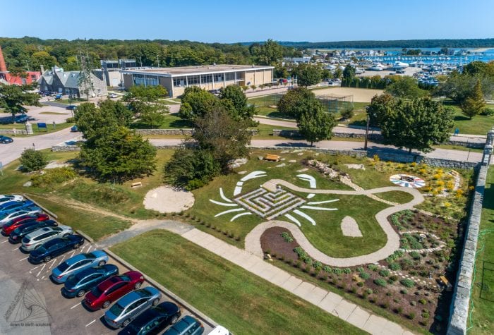 Aerial view of the garden, looking toward Field House